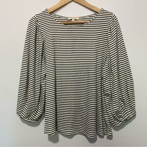 Anthropologie eri + ali Striped Puff Sleeve Top L | Navy White Balloon Sleeve